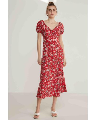 Vitrin Kleid aus viskose mit ballonärmeln und blumenmuster - Rot