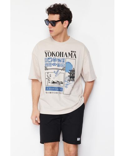 Trendyol Stone oversize far east bedrucktes t-shirt aus 100 % baumwolle - Weiß
