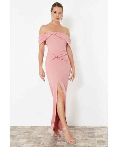 Trendyol Langes abendkleid aus gewebten getrockneten rosen - Pink