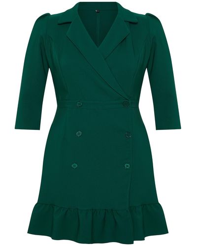 Trendyol Smaragdes, ungefüttertes mini-jackenkleid aus webstoff mit dreiviertelärmeln in übergröße - Grün