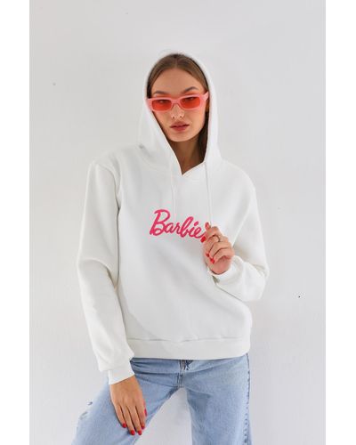 BİKELİFE Bikelife übergroßes sweatshirt aus dicker baumwolle mit kapuze und barbie-aufdruck - Weiß