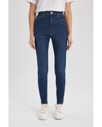 Defacto Lange jeanshose mit schmaler passform und hoher taille - Blau