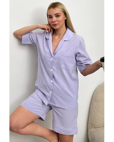 Trend Alaçatı Stili Farbenes pyjama-set aus gewebtem stoff mit einer tasche und shorts alc-x11662 - Lila