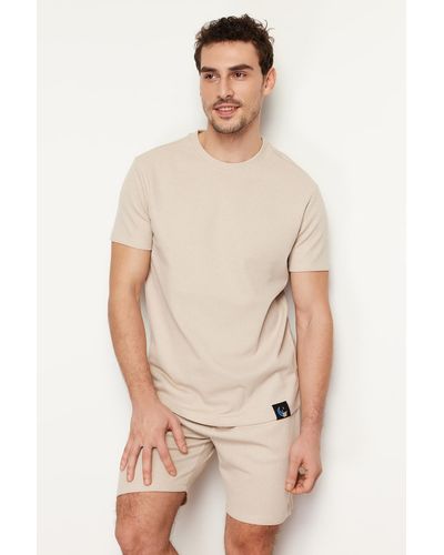 Trendyol Farbenes pyjama-set mit waffelstrick-shorts und normaler passform - Natur