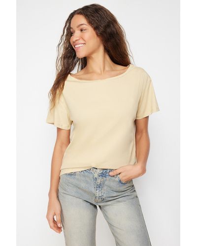 Trendyol Dunkel 100% baumwolle oversize/weit geschnittenes strick-t-shirt mit u-boot-ausschnitt - Natur
