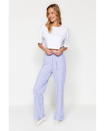 Trendyol Weiß-blaue pyjamahose aus gestreiftem strick, 100 % baumwolle