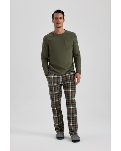 Defacto Langärmliges flanell-pyjama-set mit normaler passform - Grün