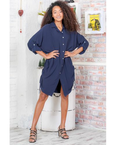 Chiccy Marineblaues italienisches hemdkleid mit seitlichen rüschen und verstellbaren ärmeln
