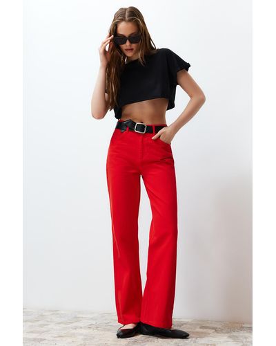 Trendyol E jeans mit hoher taille und weitem bein - Rot