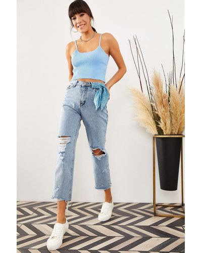 Olalook E mom-jeans mit weitem bein und laserschnitt - Blau