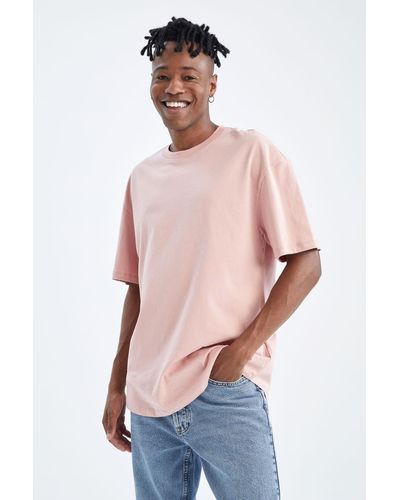 Defacto Cooles comfort-fit-t-shirt mit rundhalsausschnitt aus 100 % baumwolle - Pink