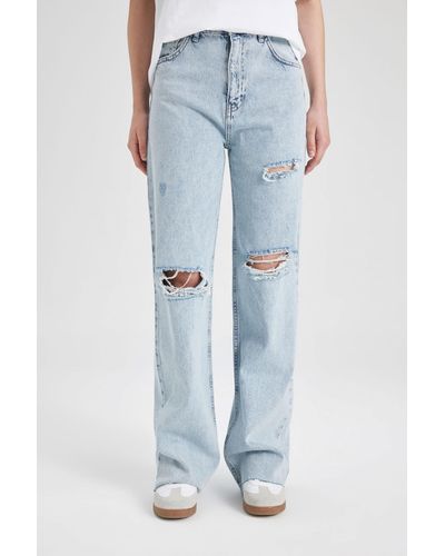 Defacto 90er-jahre-jeans mit weitem bein, zerrissen, hoher taille, cut-out, lange jeans, verwaschene hose c2395ax24sp - Blau