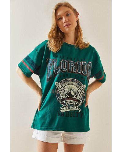 XHAN Smaragdes bedrucktes oversize-t-shirt mit rundhalsausschnitt -44 - Grün