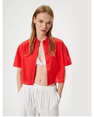 Koton Kurzärmeliges baumwollhemd – klassischer kragen mit taschendetail - Rot