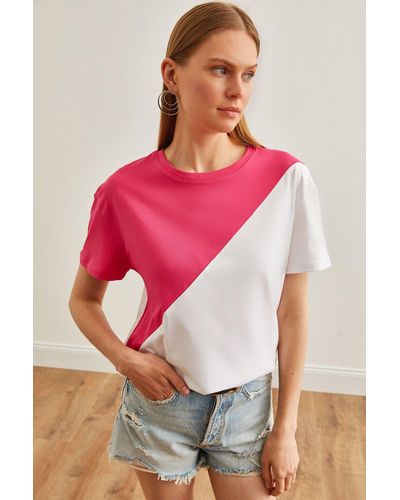 Olalook Fuchsia-weißes asymmetrisches block-t-shirt - Pink
