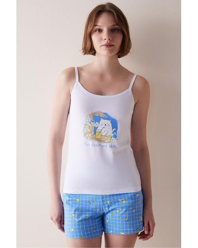 Penti Frühlings-pyjama-set mit gingham-muster und en shorts - Blau