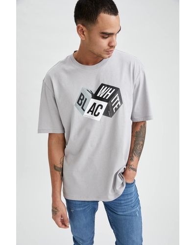 Defacto Bedrucktes oversize-t-shirt aus baumwolle mit rundhalsausschnitt - Weiß