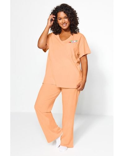 Trendyol Lachsfarben bedrucktes, gestricktes pyjama-set mit taschen und details - Orange