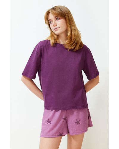 Trendyol Pflaumefarbenes strick-pyjama-set aus 100 % baumwolle mit sternmuster - Lila