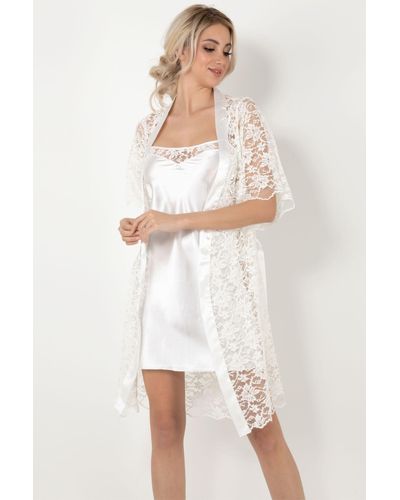 Miorre Nachthemd und morgenmantel aus satin mit spitzendetails und dünnen trägern, 2er-set - Weiß