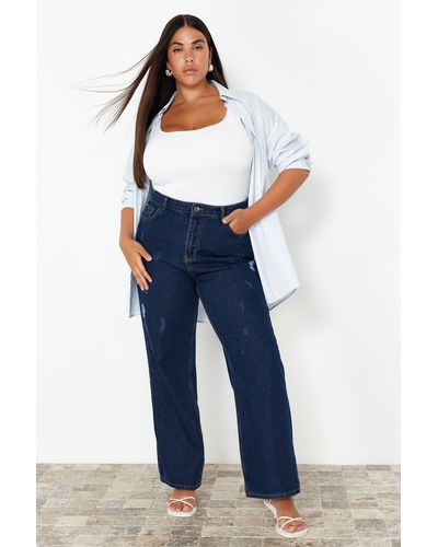 Trendyol Marineblaue jeanshose mit hoher taille und weitem bein