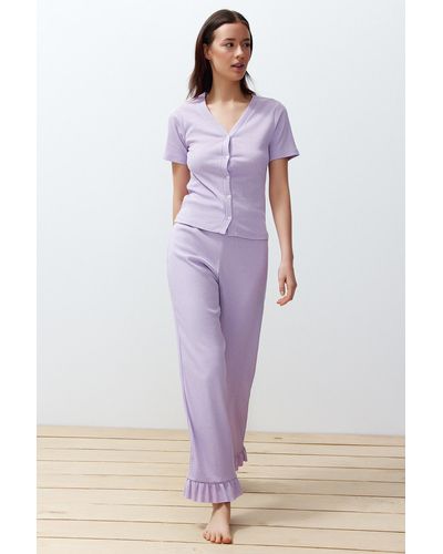 Trendyol Fliederfarbenes pyjama-set aus schnurgebundenem strick mit rüschen und details - Lila