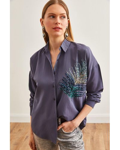 Olalook Anthrazitfarbenes oversize-hemd mit palmendetail popeline gewebt, - Blau