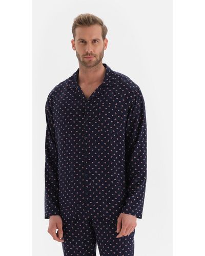 Dagi Marineblaues pyjama-oberteil aus viskose mit hemdkragen und meterware