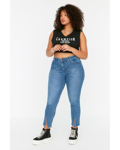 Trendyol E, dehnbare skinny-jeans mit hoher taille und detailliertem beinausschnitt tbsss22je0186 - Blau