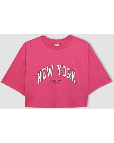 Defacto Bedrucktes crop-athleten-t-shirt mit rundhalsausschnitt und kurzen ärmeln c7346ax24sm - Pink