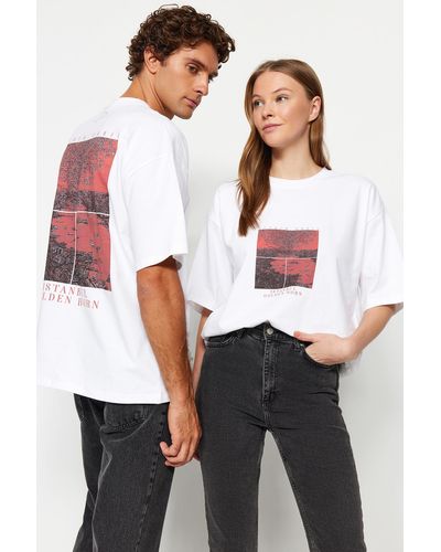 Trendyol *001 unisex oversize devrim erbil bedrucktes strick-t-shirt - l - Weiß