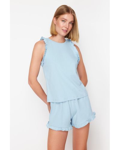 Trendyol Es pyjama-set aus tanktop und shorts aus 100 % baumwolle mit rüschendetail - Blau
