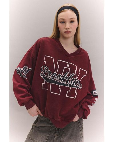 Defacto Coool oversize-fit-sweatshirt mit v-ausschnitt, bedruckt, verwaschen und blasser effekt c4477ax24sp - Rot