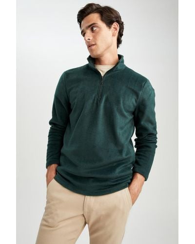 Defacto Fleece-sweatshirt mit normaler passform und hohem kragen und halbem reißverschluss - Grün