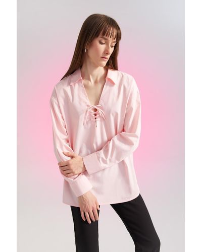 Defacto Langärmliges hemd in oversize-passform mit spitzendetail am kragen, bluse aus 100 % baumwolle - Pink