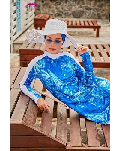 Marina Er, vollständig bedeckter hijab-badeanzug mit marmormuster - Blau