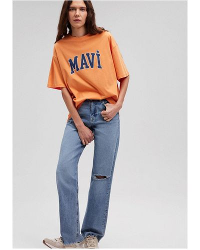 Mavi Farbenes t-shirt mit logo-print, übergröße/weiter schnitt -71407 - Orange