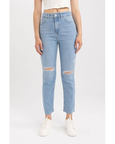 Defacto Mary vintage straight fit jeanshose mit hoher taille, zerrissenen details und langer länge - Blau