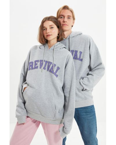 Trendyol Es, übergroßes/weit geschnittenes unisex-sweatshirt aus baumwolle mit kapuze - xs - Blau