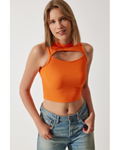 Happiness İstanbul Happiness istanbul farbene, gerippte, kurze strickbluse mit cut-outs - Orange