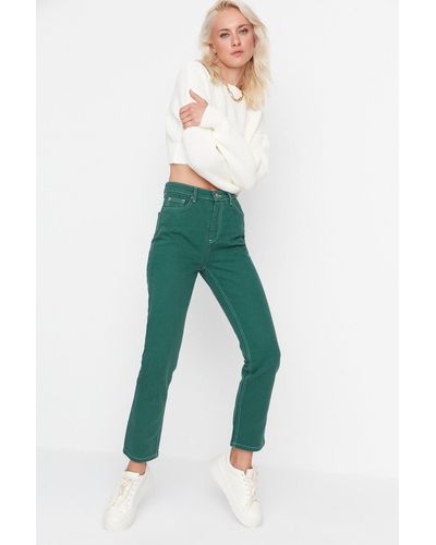 Trendyol E bootcut-jeans mit kontrastfaden und hoher taille - Grün