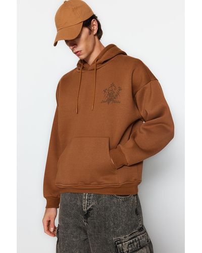 Trendyol Es, übergroßes/weit geschnittenes, flauschiges fleece-innen-sweatshirt mit blumenmuster - Braun