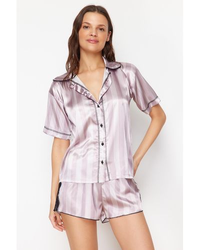 Trendyol Lila- gestreiftes pyjama-set aus gewebtem satin - Weiß