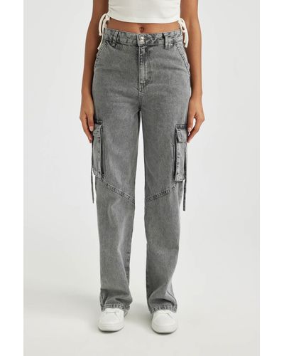 Defacto Lange jeanshose mit weitem bein, cargo-passform, hoher taille und weitem bein - Grau