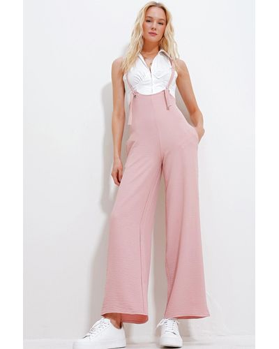 Trend Alaçatı Stili Salopet mit verstellbarem riemen und verstecktem reißverschluss und doppelter tasche - Pink