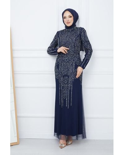 Olcay Mit perlen und juwelen besetztes tüll-hijab-abendkleid, marineblau