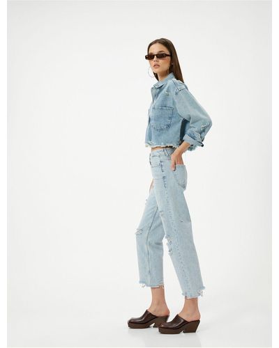 Koton Kurze jeans mit geradem bein und cut-outs und taschen multi-fraying eve straight jeans - Blau