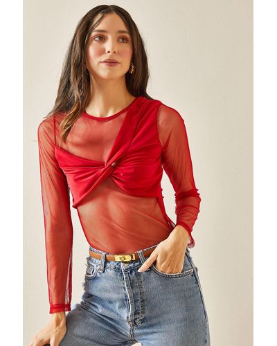 XHAN E transparente bluse mit rundhalsausschnitt und knoten -04 - Rot