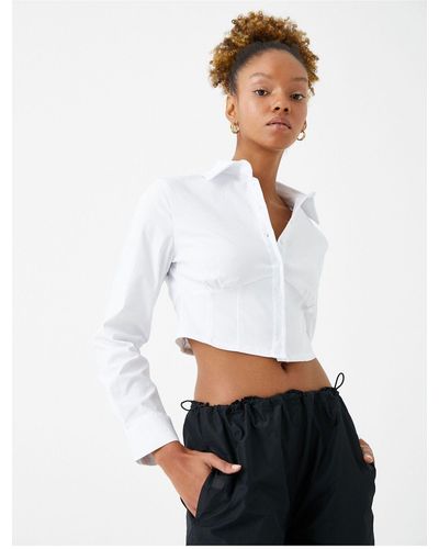 Koton Crop shirt korsett taille langarm geknöpft - Weiß