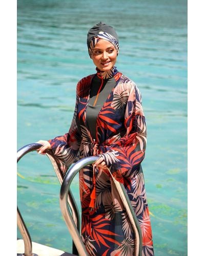 Marina Gemusterter hijab-badeanzug mit kimono-pareo p2204 - Blau